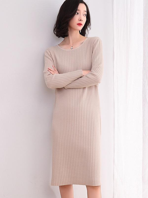 Solid Round Neck Knitting Midi Dress