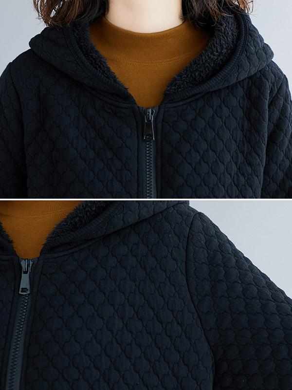 Plain Rhombic Velvet Zipper Hooded Coat