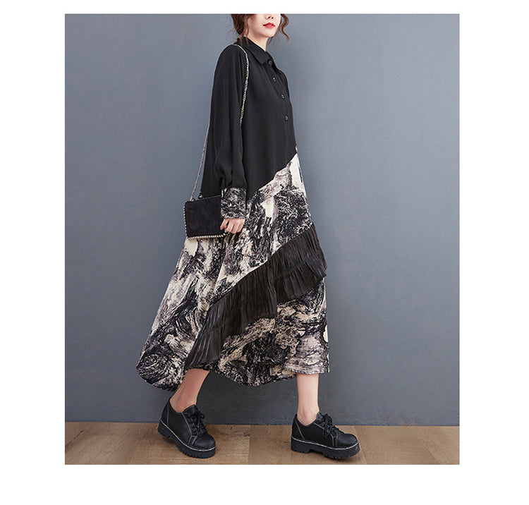 Loose Print Patchwork Shirt Midi Dress