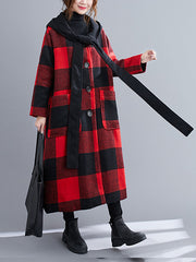 Women Retro Plaid Print Hooded Coat