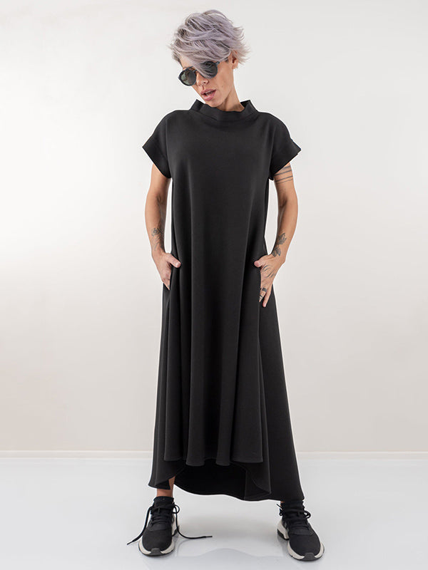 Loose Comfy Solid Color Stand Collar Midi Dress