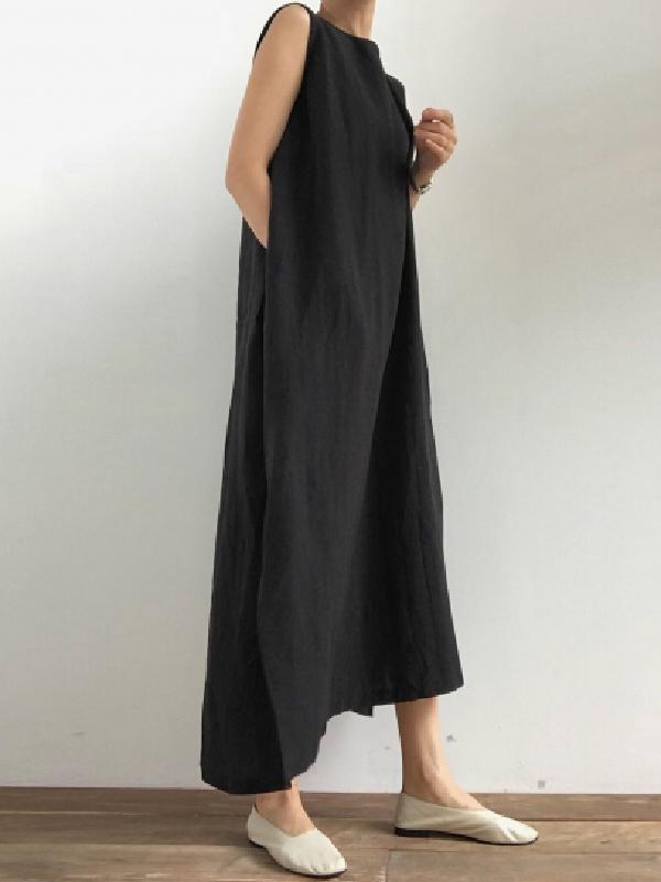 Simple Loose Split-side Sleeveless Long Dress