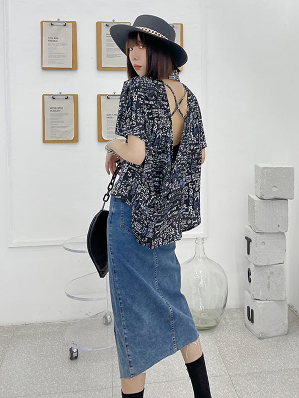 Short Sleeves Backless Printed Blouse