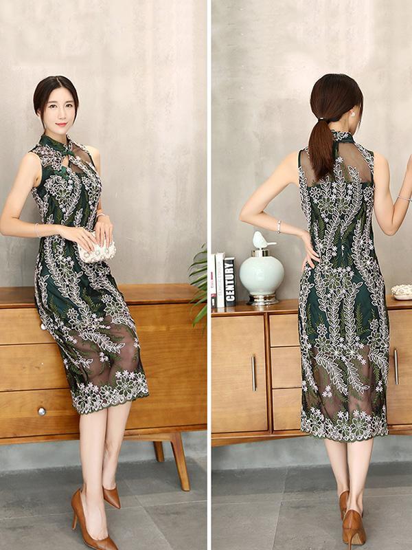 Lace Embroidered Long Cheongsam Midi Dress