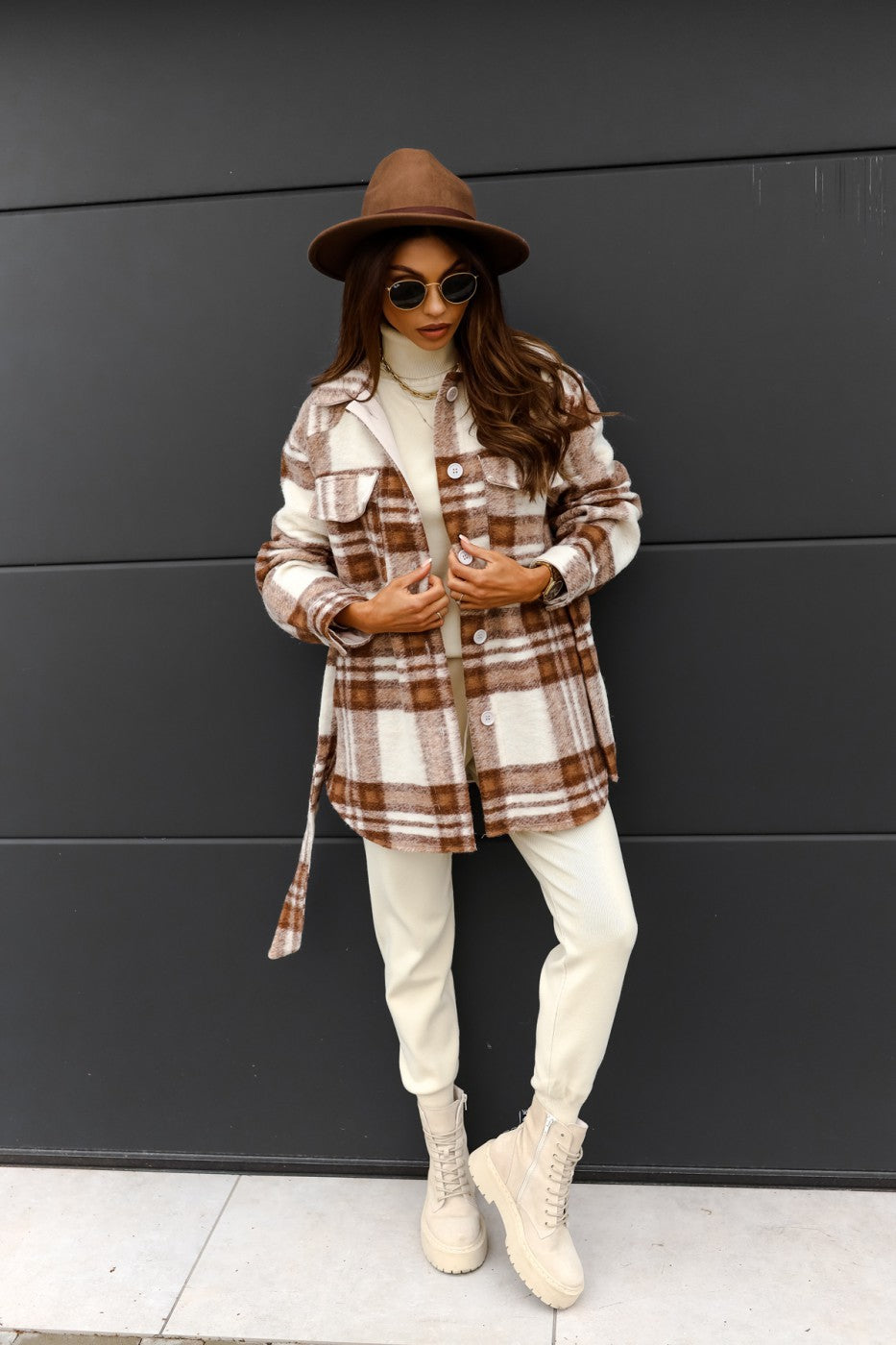 Casual Plaid Long Sleeve Thicken Shirt With Belt