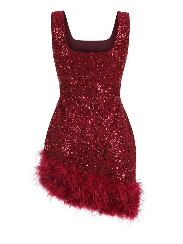 Araluen Sequin Feather Mini Dress In Wine