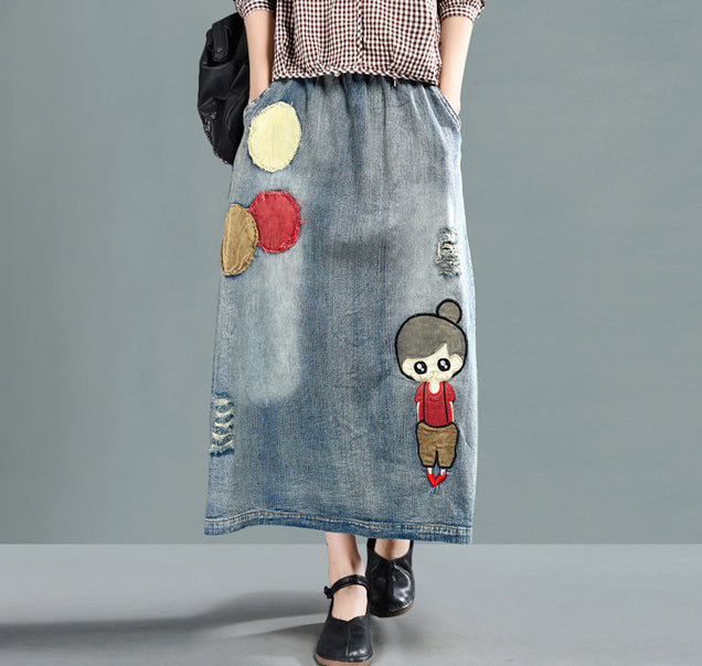 Embroidered Retro A-Line Denim Skirt