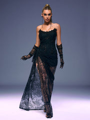 Nazia Strapless Lace Maxi Dress With Gloves