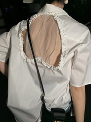 Backless Mesh Hollow Stitching Short Sleeve Shirt