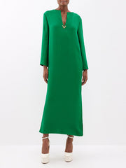 Long Sleeves Wrap Solid Color Split-Side V-Neck Maxi Dresses