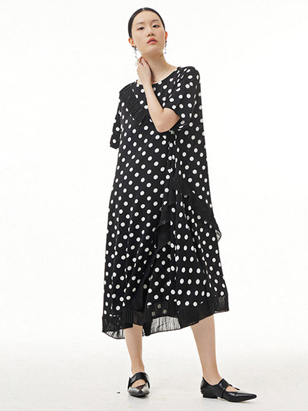 Urban Roomy Polka-Dot Stamped Pleated Split-Joint Midi Dress