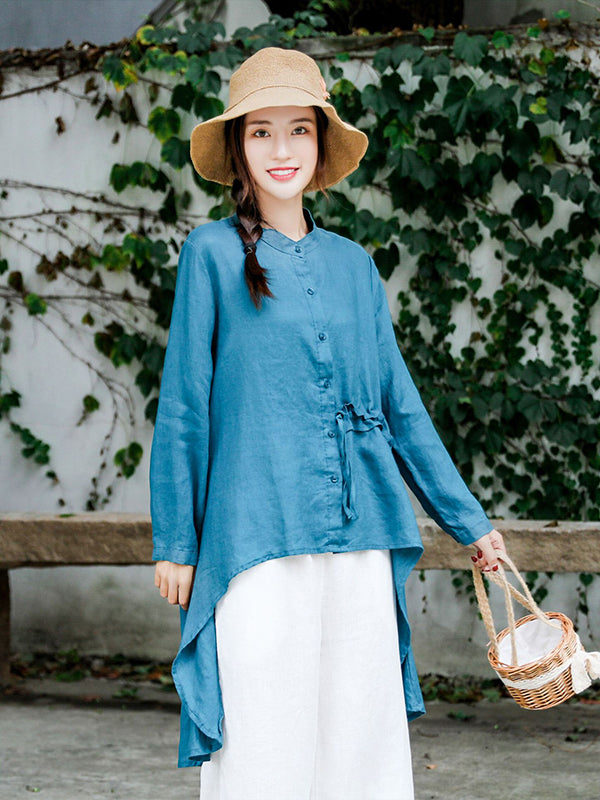 Linen Solid Cropped Long Sleeves Blouse