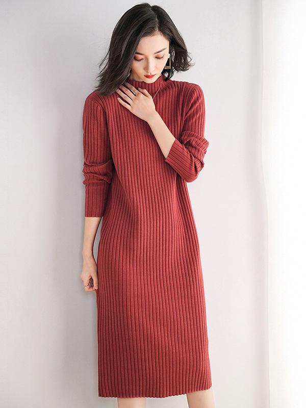 Loose Solid Color Sweater Midi Dress