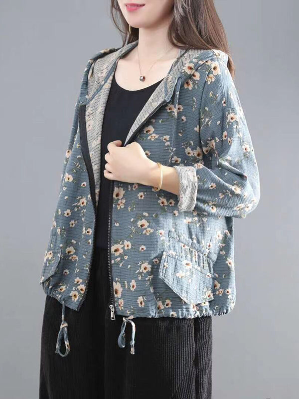 Women Hooded Printed Zip Drawstring Coat