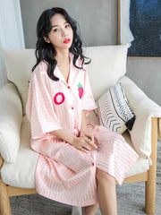 Strawberry Print Striped Ice Silk Loose Pajamas