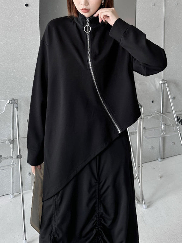 Irregular Clipping Long Sleeves Asymmetric Zipper High-Neck Jackets Outerwear