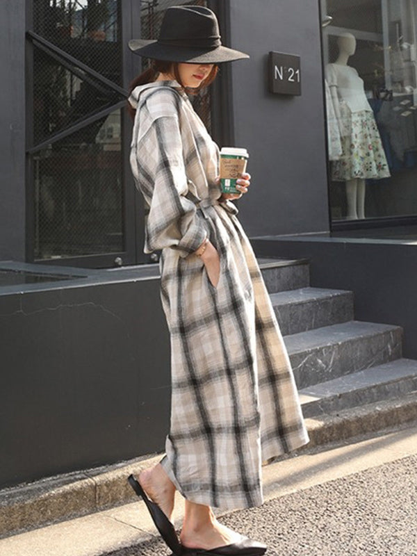 Loose Long Sleeve Lapel Tie Shirt Dress