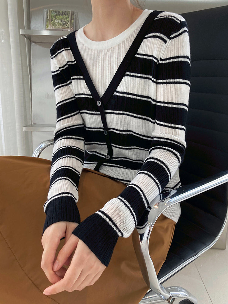 Fake Two Striped Knitted Long Sleeve Sweater Top