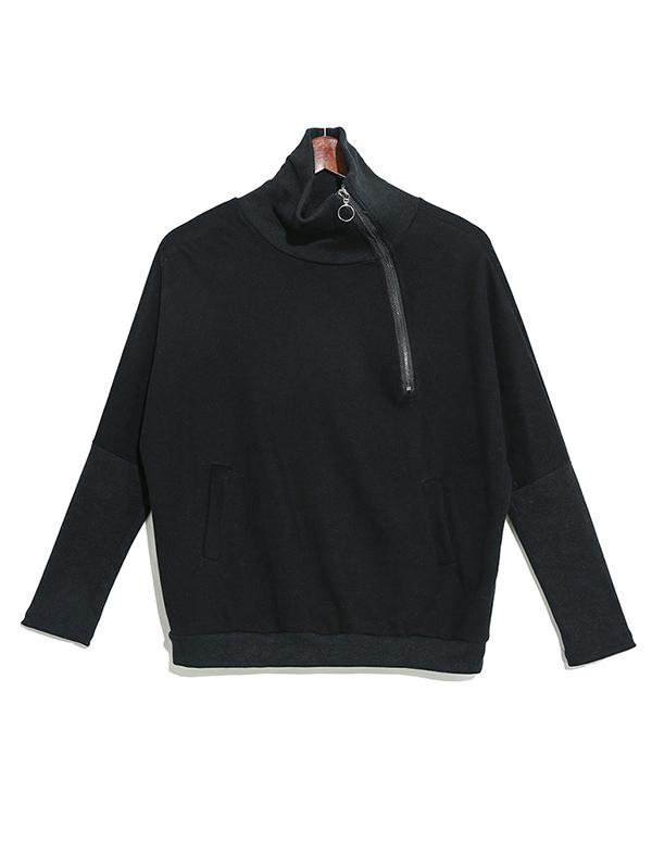 Black Zipper Stitching Turtleneck Sweatshirt