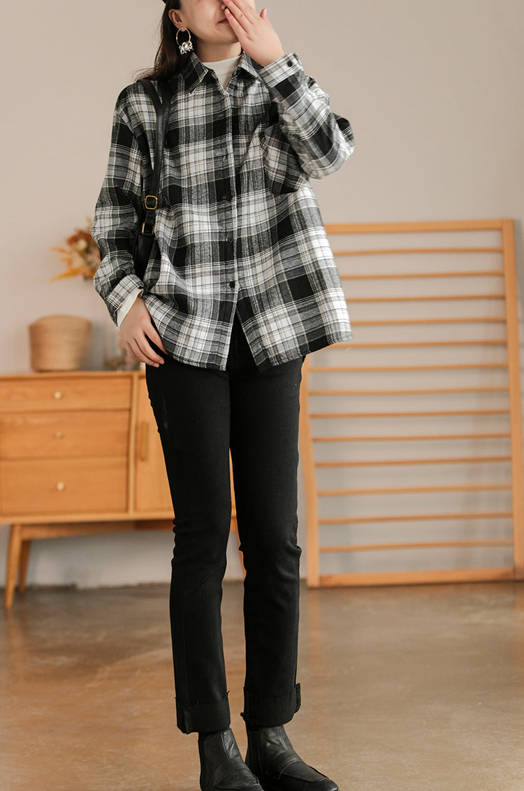 Retro Plaid Thicken Lapel Collar Shirt