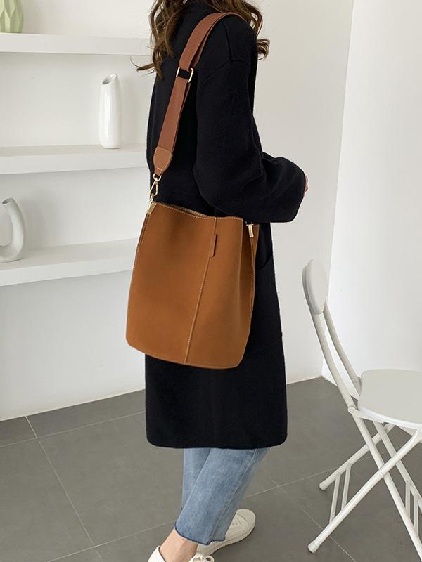 Solid Color Casual Wide Shoulder Straps Frosted Bucket Bag