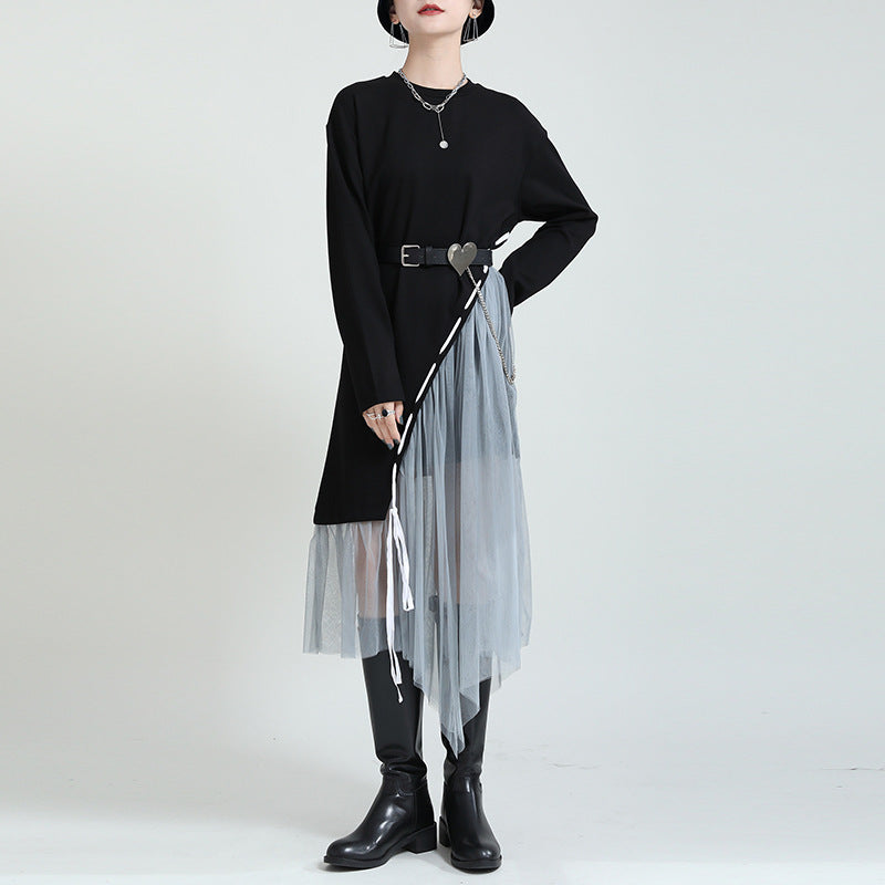 Stitched Mesh Irregular Drawstring Dress