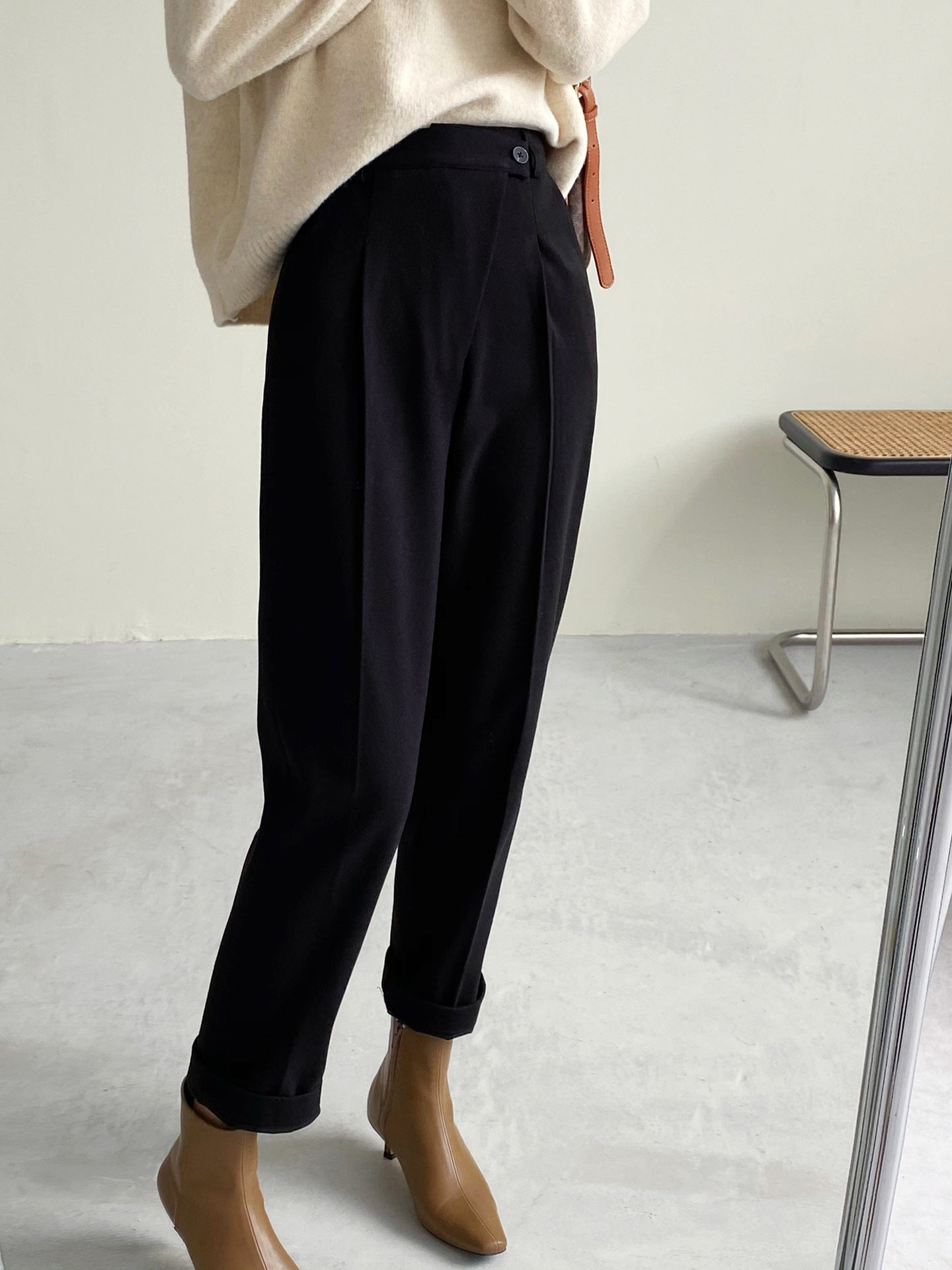 High Waist Thick Woolen Women Cropped Pants