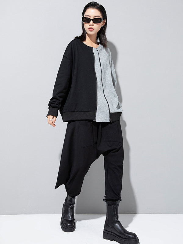 Casual Roomy Long Sleeves Contrast Color Split-Joint Zipper Round-Neck Sweatshirt Tops