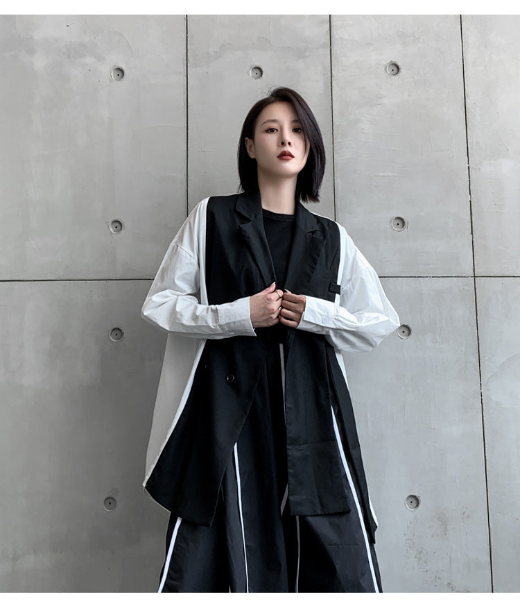 Retro Irregular Color-Block Long Sleeve Shirt