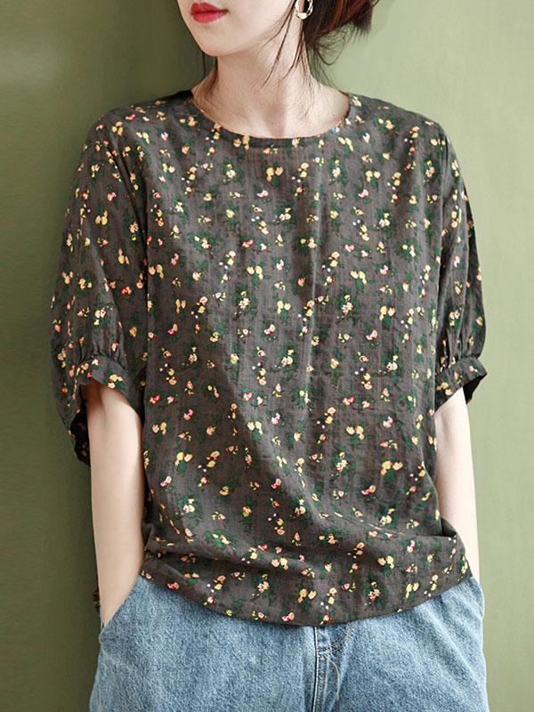 Vintage Flower Print Round Neck T-Shirt