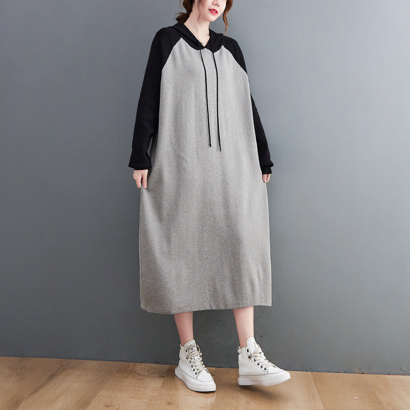 Retro Loose Color-Block Hooded Midi Dress