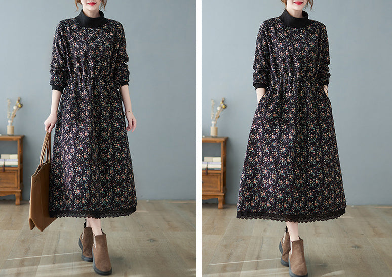 Patchwork Collar Floral Lace-Up Long Midi Dress