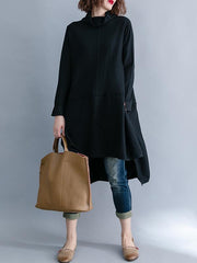 Solid Loose Turtleneck Asymmetric Mid-Length Sweatshirt