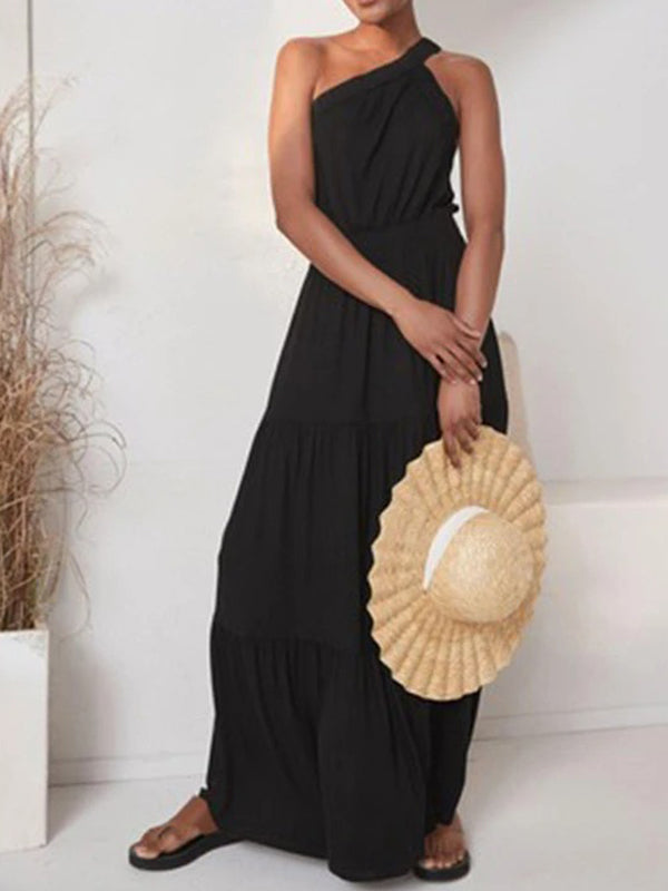 One Shoulder Urban Solid Maxi Dress