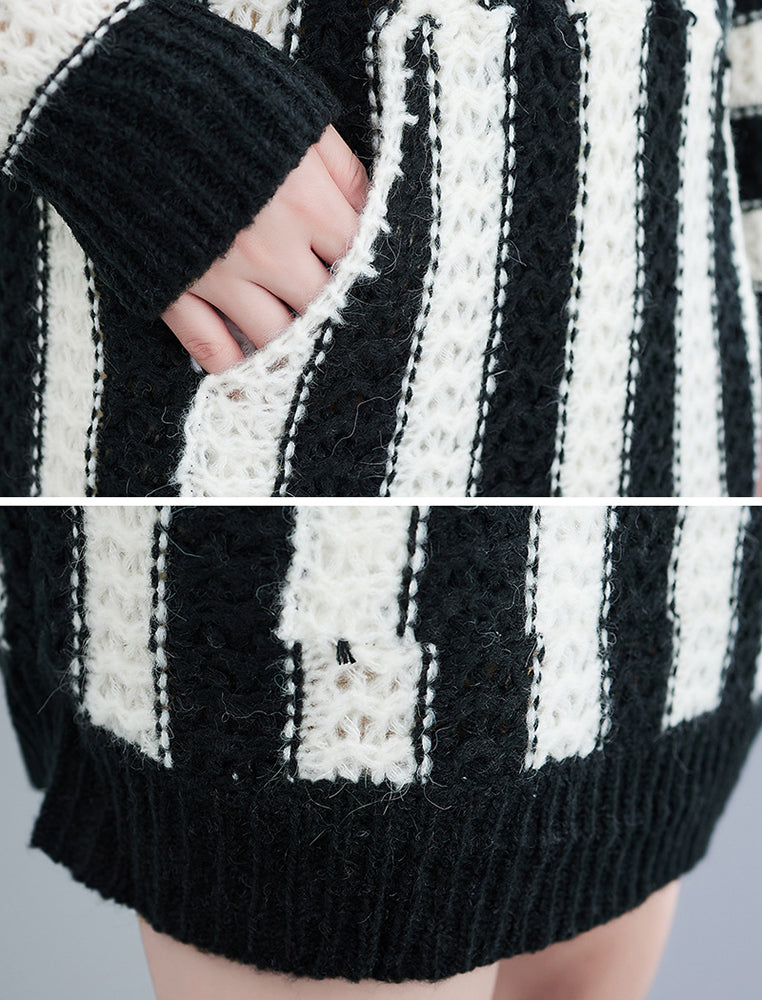 Loose Striped Hooded Knitted Mini Dress