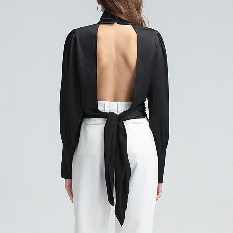 Backless Hollow High-Neck Solid Blouse