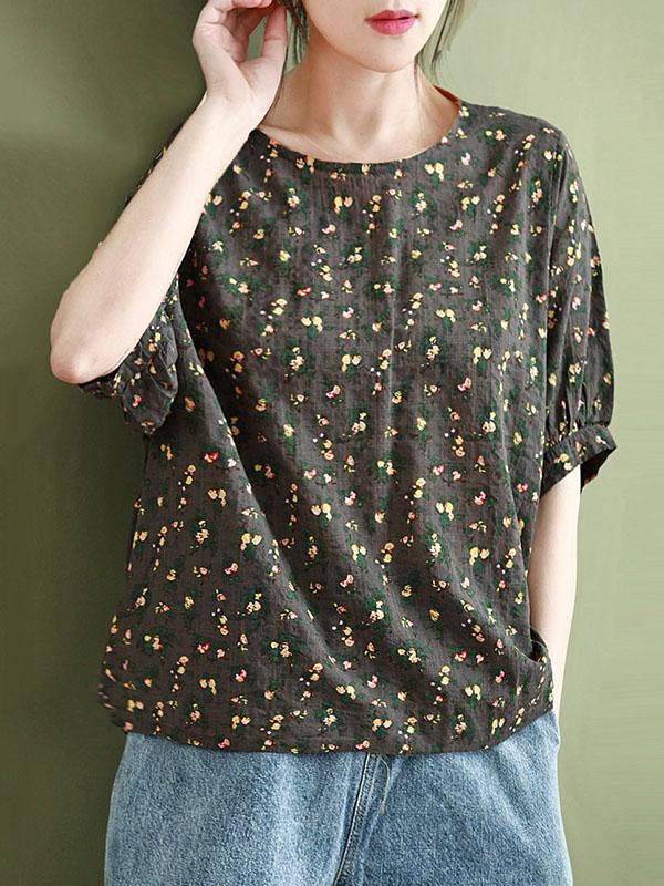 Vintage Flower Print Round Neck T-Shirt