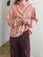 High Neck Solid Color Long Sleeve  Blouses  Shirt  Top