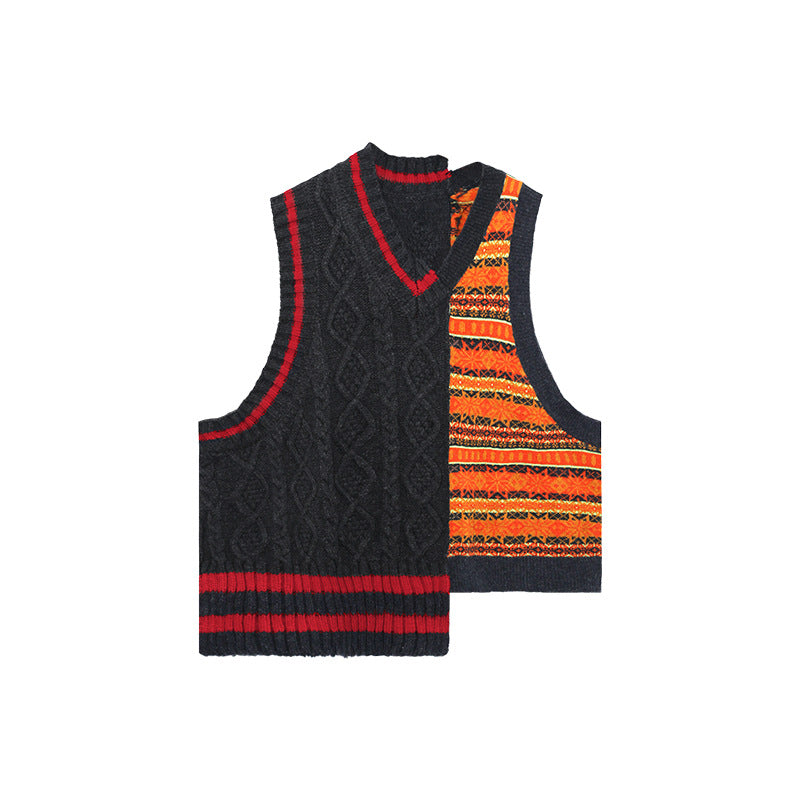 Irregular Contrast Color V-Neck Design Knitted Vest