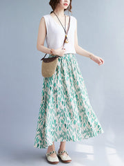 Leaf Printed Elastic Waist Skirt