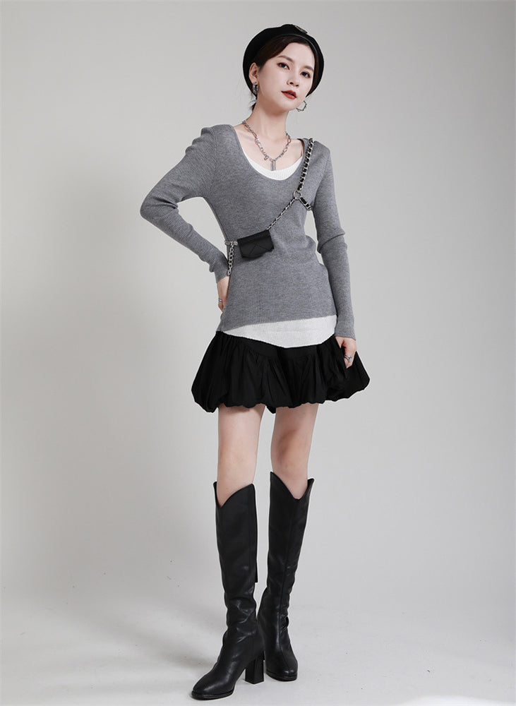 Stitching Contrast Color Fake Two-Piece Long Sleeve Sweater