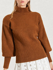 Women Lantern Sleeve Slim Solid Color Sweater
