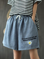 Artistic Daisy Printed Wide Leg Denim Shorts