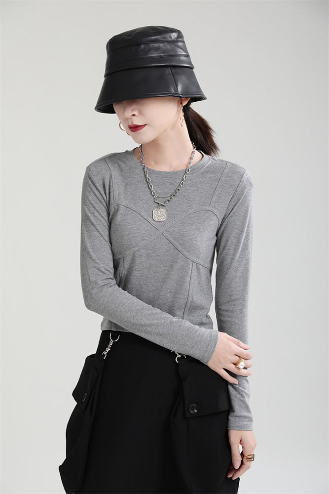 Round Neck Fake Two-Piece Long Sleeve T-Shirt Top