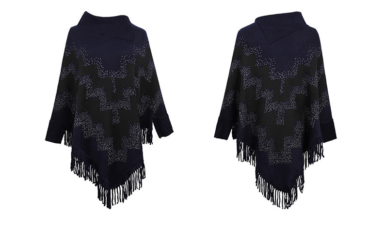 Loose Tassel Abstract Printed Knitted Shawl Sweater