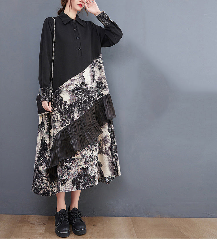 Loose Print Patchwork Shirt Midi Dress