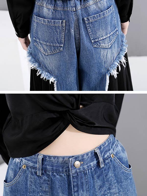 Loose Split-joint Pleated Jean Pants