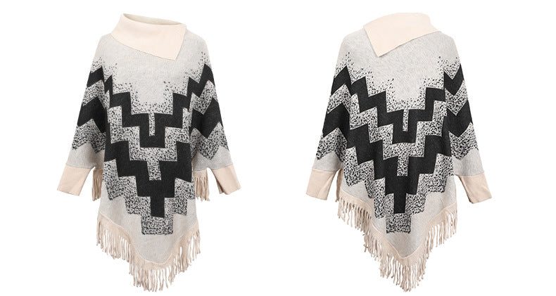 Loose Tassel Abstract Printed Knitted Shawl Sweater