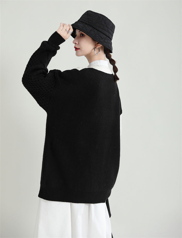 Simple Loose Color-Block Zipper Knitted Sweater