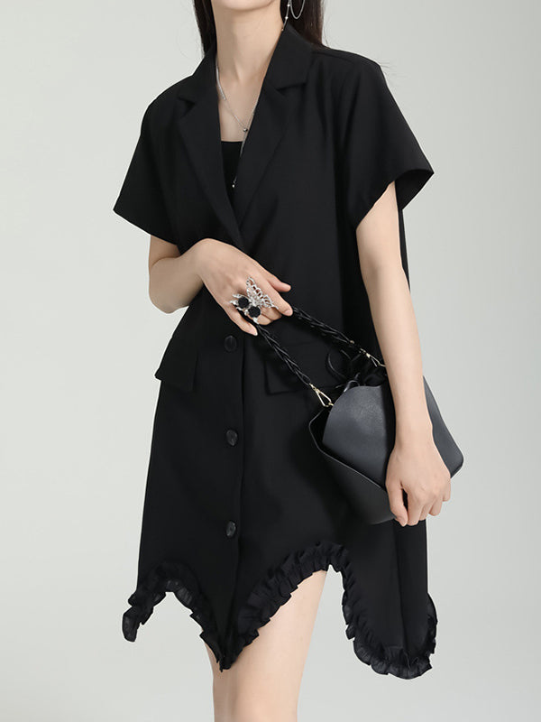 Irregular Clipping Short Sleeves Pure Color Notched Collar Mini Dresses